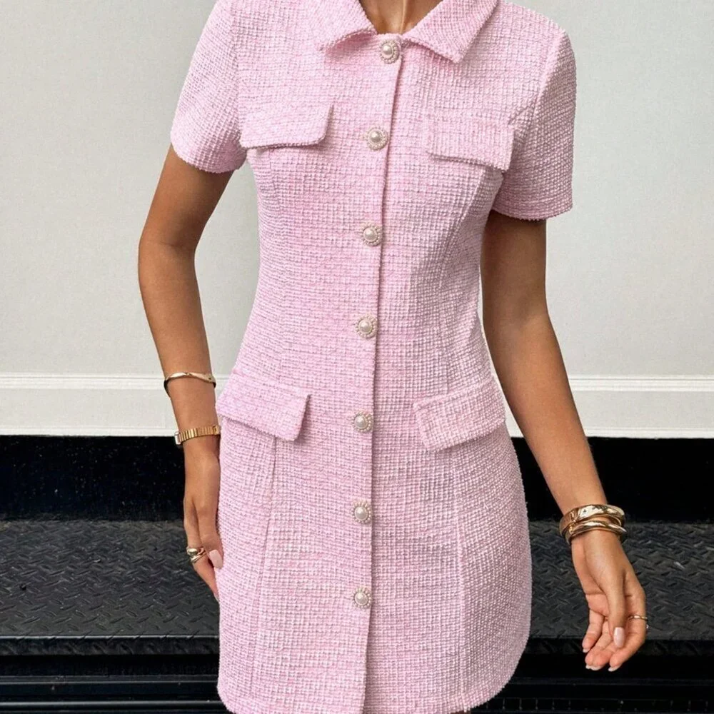 Baby Pink Elegant Women's tweed Short Sleeve Single-Breasted Mini Dress - Picture 3 of 7